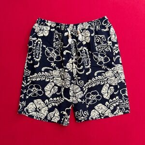 VTG Style Men's Tiki Hibiscus Floral Shorts Navy Blue Cream Elastic Waist Medium